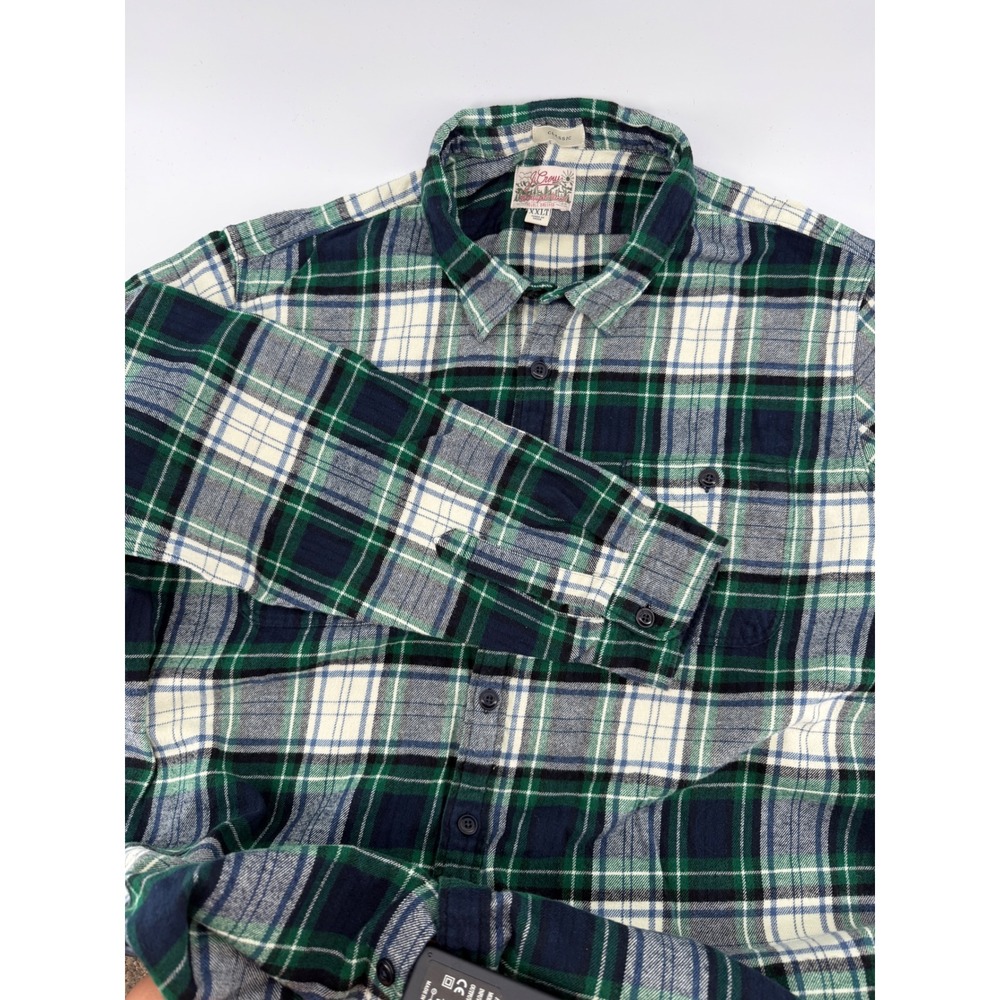 J.Crew Flannel Shirt Mens XXLT Green Navy Plaid Mid-Weight Double Brushed Cotton